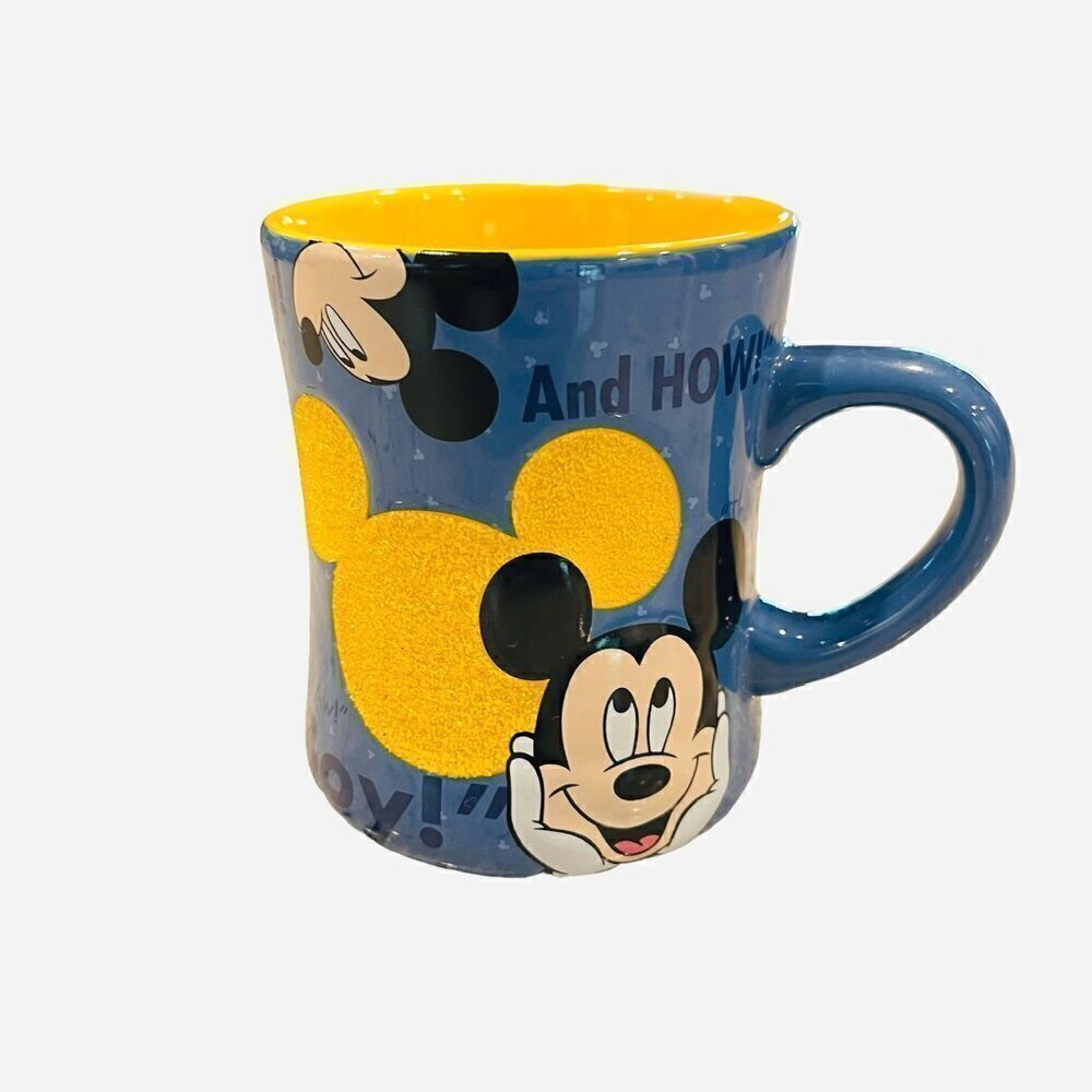 Disney Parks Mickey Mouse Retro Mug Blue Yellow Glitter Textured "Gosh" "Oh Boy"